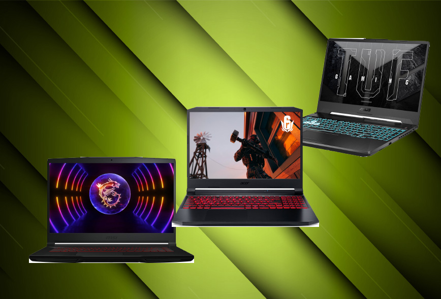 Drie gaming laptops op abstracte achtergrond