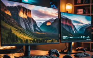 Twee 27 inch gaming monitors op een bureau