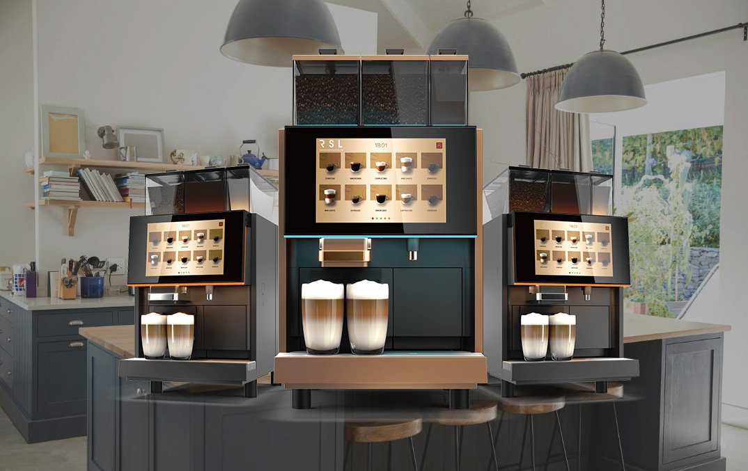 3 espresso machines in Kitchen next to eachother
