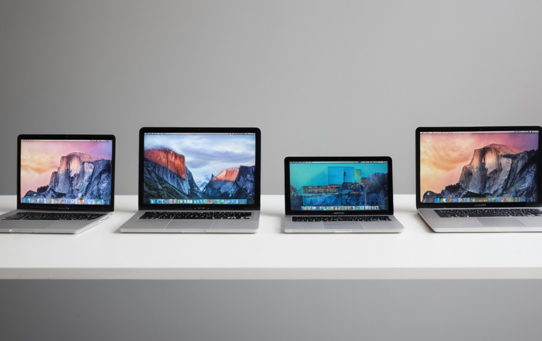 4 macbooks naast elkaar op toonbank