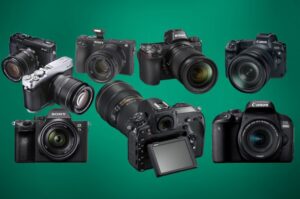 Meerdere beste camera's onder 200 euro met groene achtergrond.