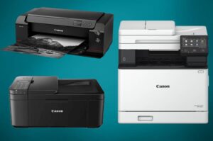 Drie beste Canon Printers met blauwe achtergrond.