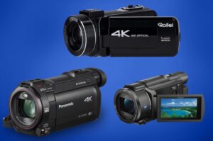 Drie beste videocamera's met een blauwe achtergrond.