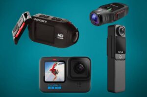 4 beste action cameras voor vakantie met blauwe achtergrond.