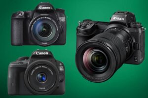 3 beste Canon Systeemcamera's met groene achtergrond.