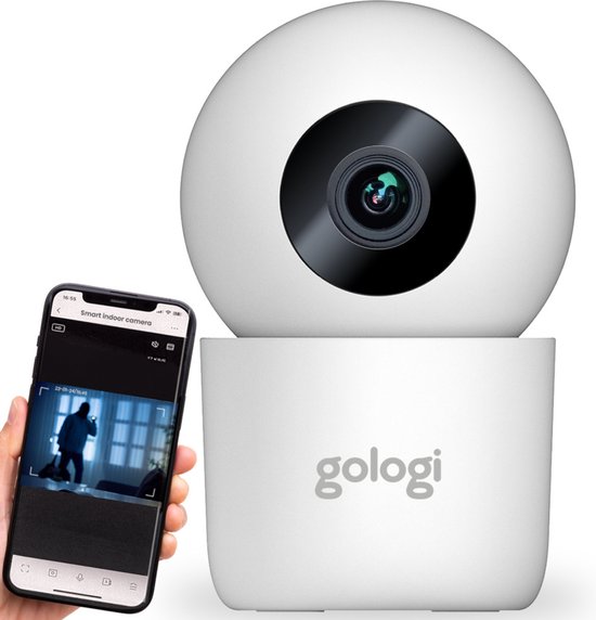 Gologi Beveiligingscamera Binnen - Smart Indoor Camera - Draadloze verbinding (WIFI) - 180° Draaibaar - Nightvision - Bewegingssensor - Babyfoon - Huisdiercamera met App - Wit