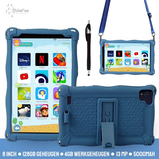 NilaFee® Kindertablet - iWawa en NL Apps - 128 GB geheugen - Play Store - Simkaart - Octo Core - Ook voor volwassenen -Ophangkoord Auto - Pen - Tablet Kinderen - Oudercontrole - Speelgoed vanaf 3 jaar - Blauw