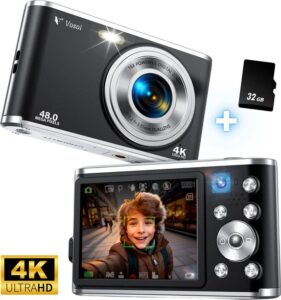 Vosoi Digitale Camera - Fotocamera - Fototoestel - Vlog Camera - Compact Camera - 48MP & 4K Ultra HD - Voor Kinderen - Selfie Camera - 2,8 inch LCD Scherm - Inc. 32GB